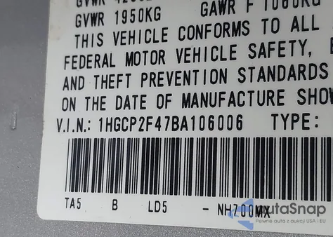 2011 Honda Accord 2.4 Lx-P z USA, uszkodzony, nr VIN 1HGCP2F47BA106006